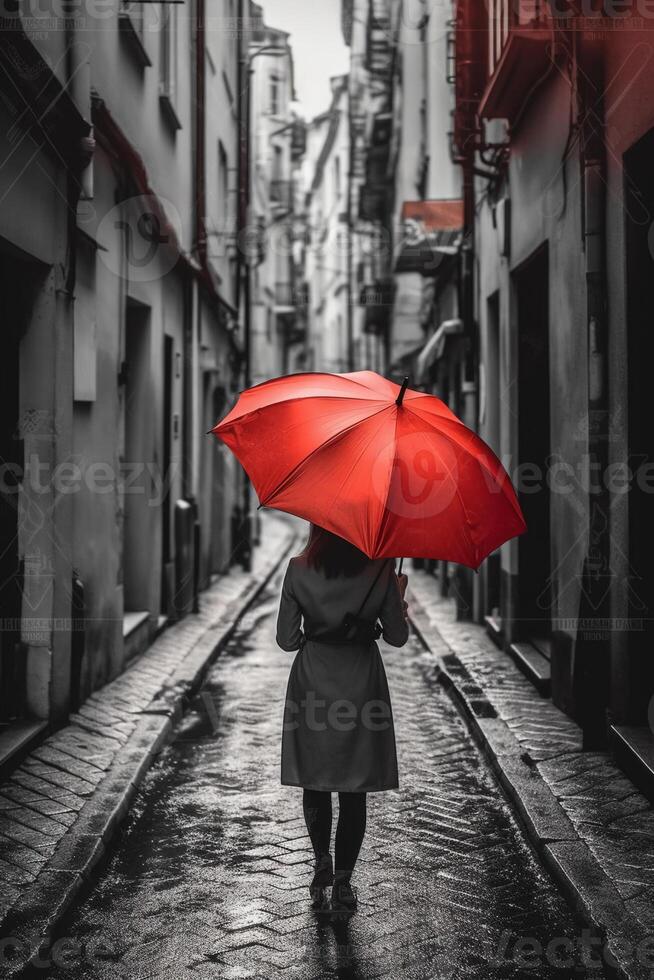 Red umbrella in hand of woman walking on a colorless street. photo