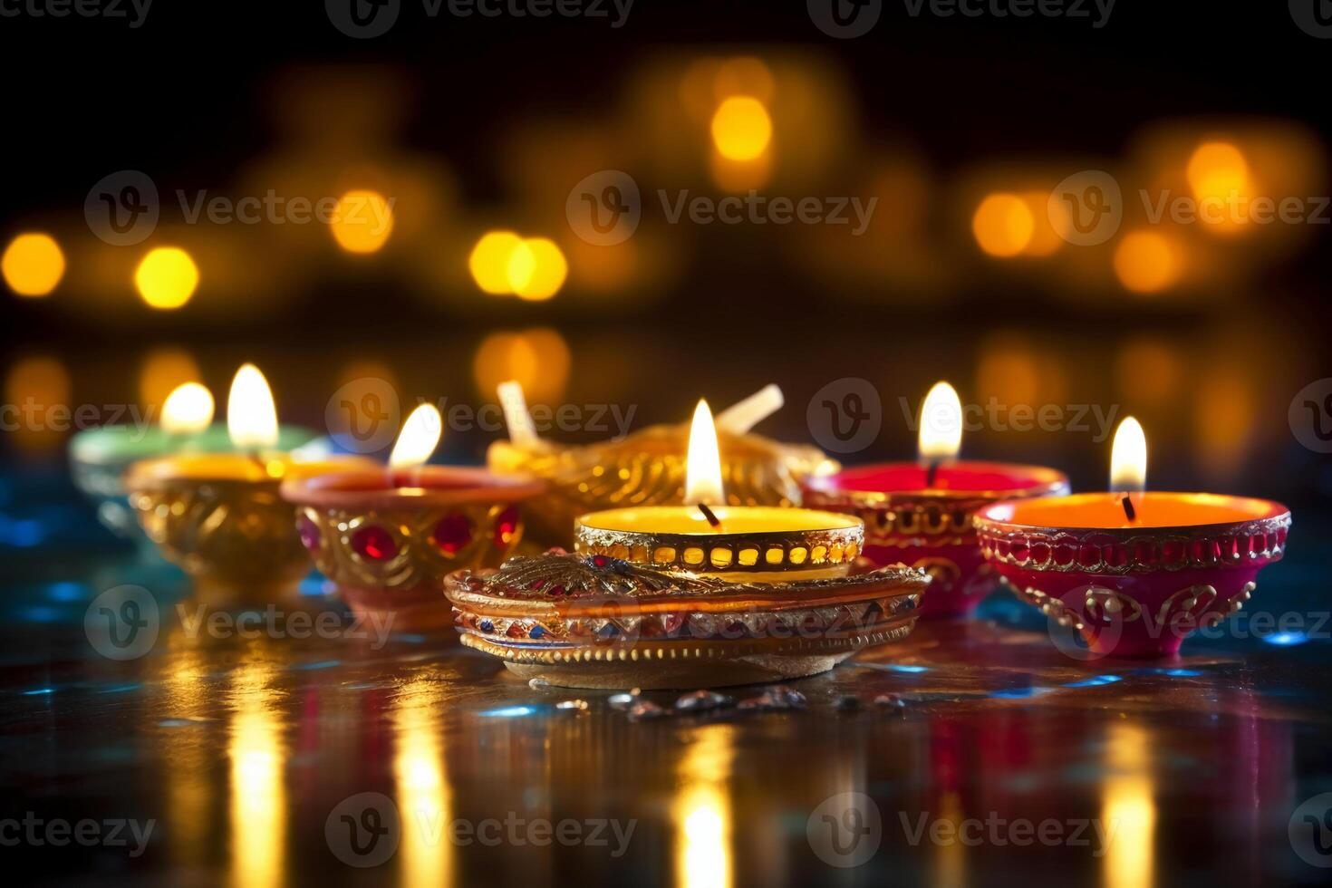 A Diya oil lamp, Diwali concept, blurred Hindu festival of lights celebration background. photo