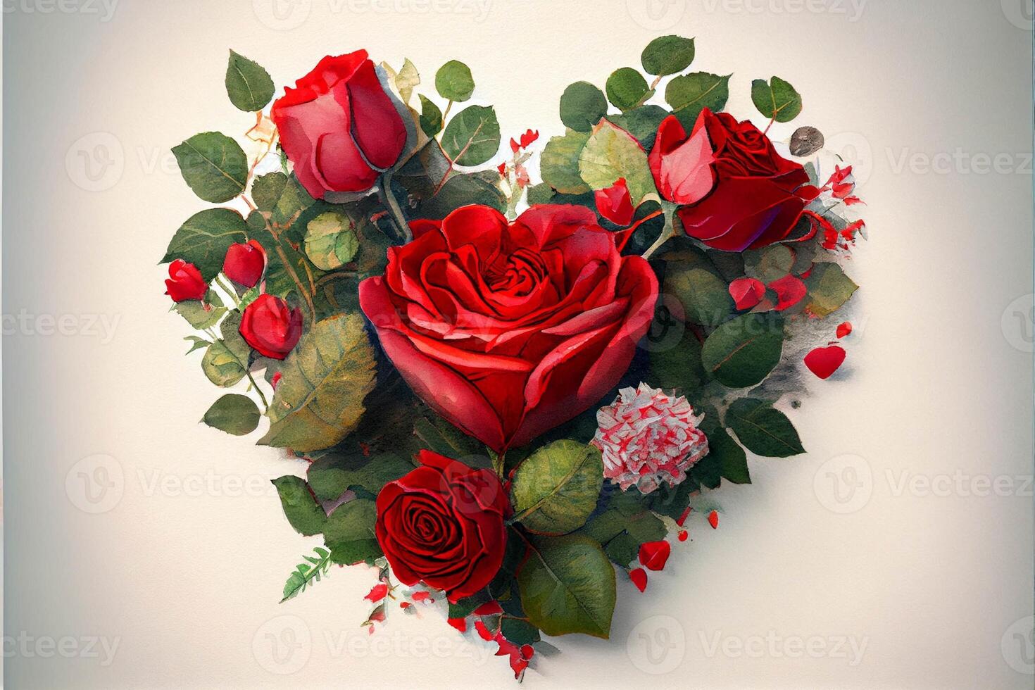 heart shaped arrangement of red roses and green leaves. . photo