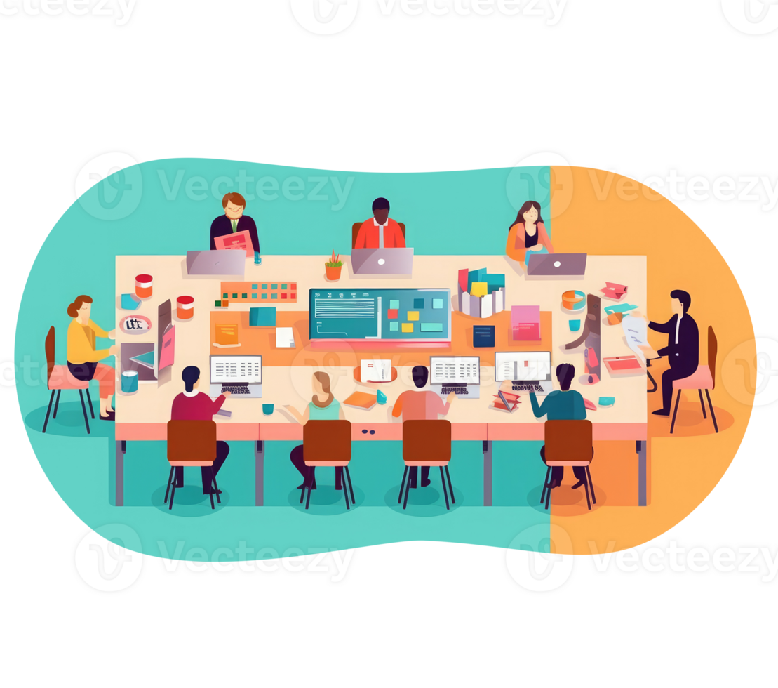 A group of professionals working together at a table or using digital collaboration and communication tools to efficiently manage project . png