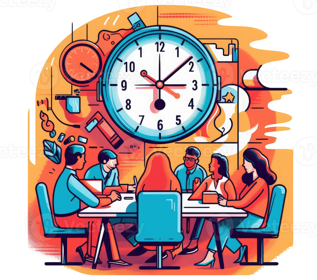 concept of effective meetings, with a diverse group of people collaborating at a modern conference table, a clear agenda displayed on a presentation screen, and a digital timer counting . png