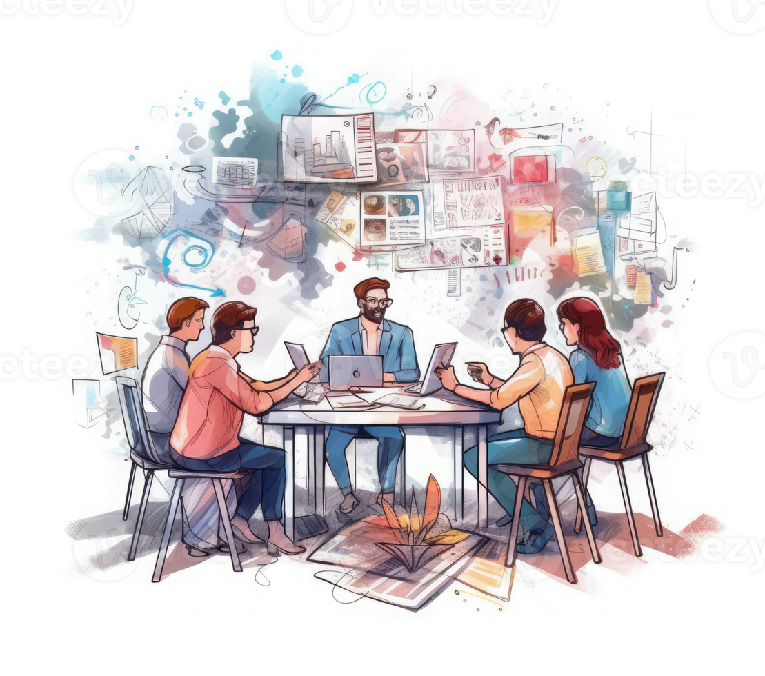 A group of professionals working together at a table or using digital collaboration and communication tools to efficiently manage project . png
