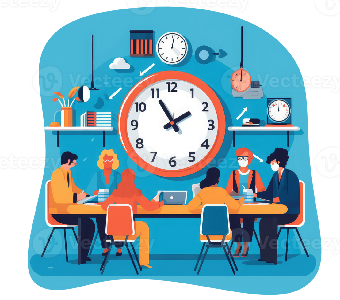 concept of effective meetings, with a diverse group of people collaborating at a modern conference table, a clear agenda displayed on a presentation screen, and a digital timer counting . png