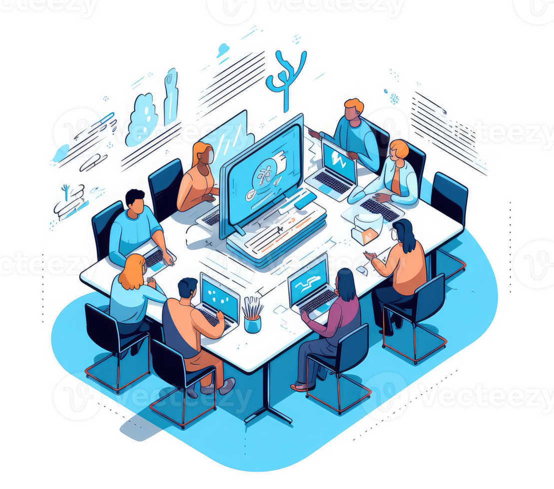 un grupo de profesionales trabajando juntos a un mesa o utilizando digital colaboración y comunicación herramientas a eficientemente gestionar proyecto . ai generado png