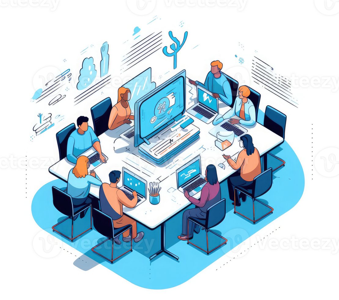 A group of professionals working together at a table or using digital collaboration and communication tools to efficiently manage project . png