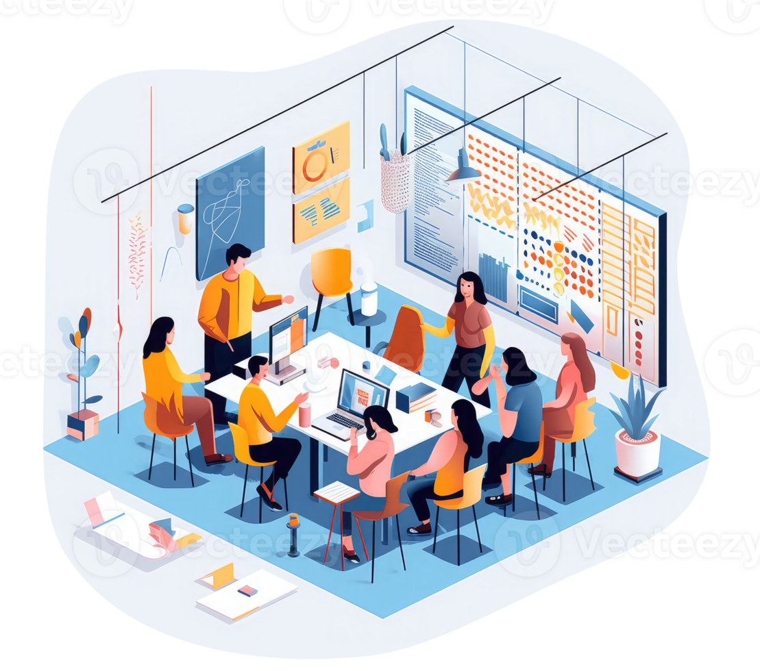 Group of people in office discussing plan, graphic illustration, UI illustration, GUI . png