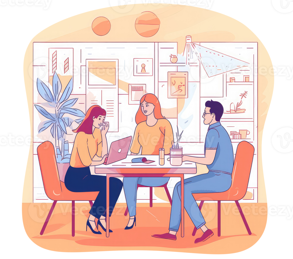Group of people in office discussing plan, graphic illustration, UI illustration, GUI . png