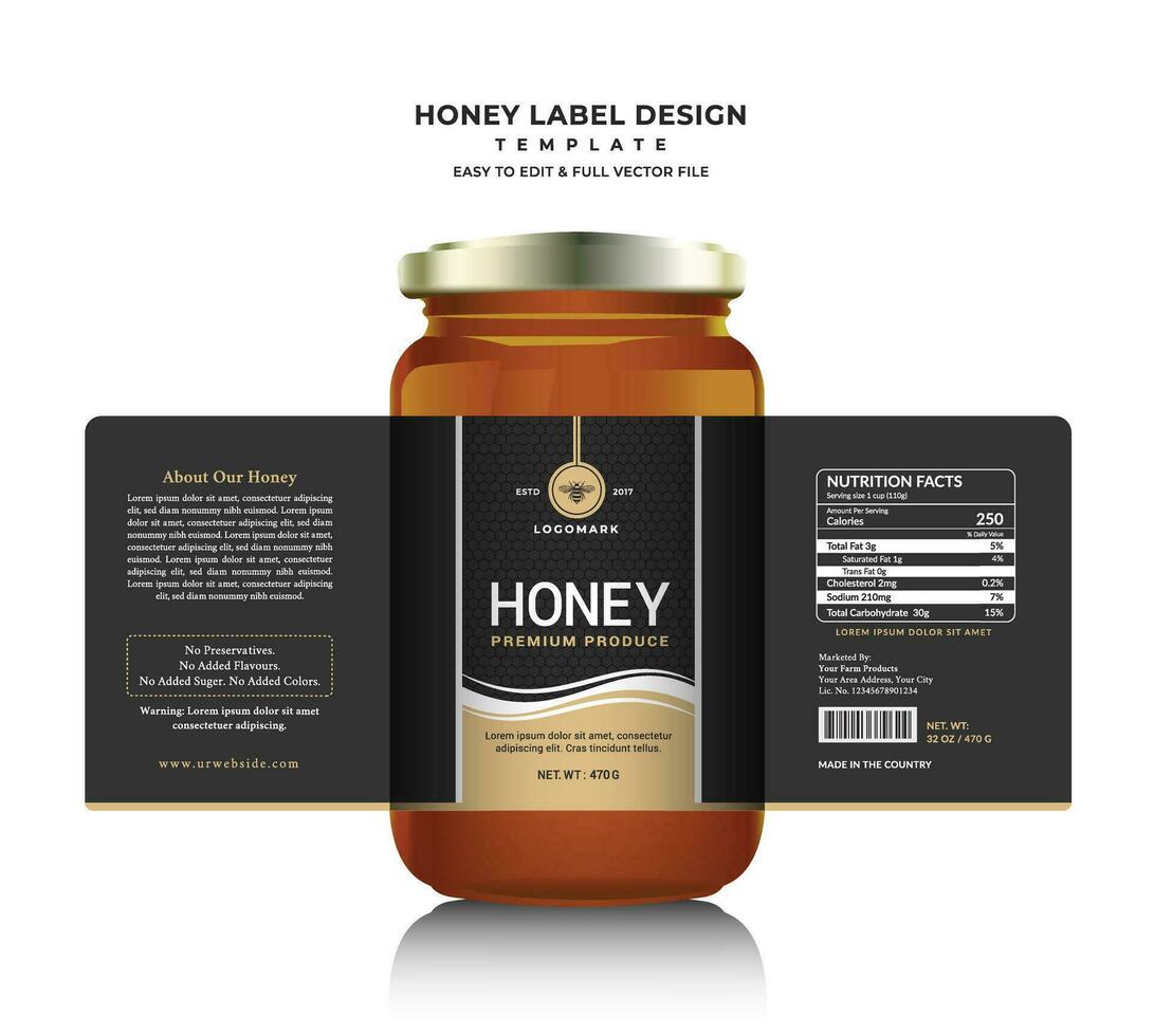 Honey label and honey design banner natural bee honey glass jar bottle sticker creative packaging idea yellow, white minimal clean design background healthy organic food product bee black label. vector