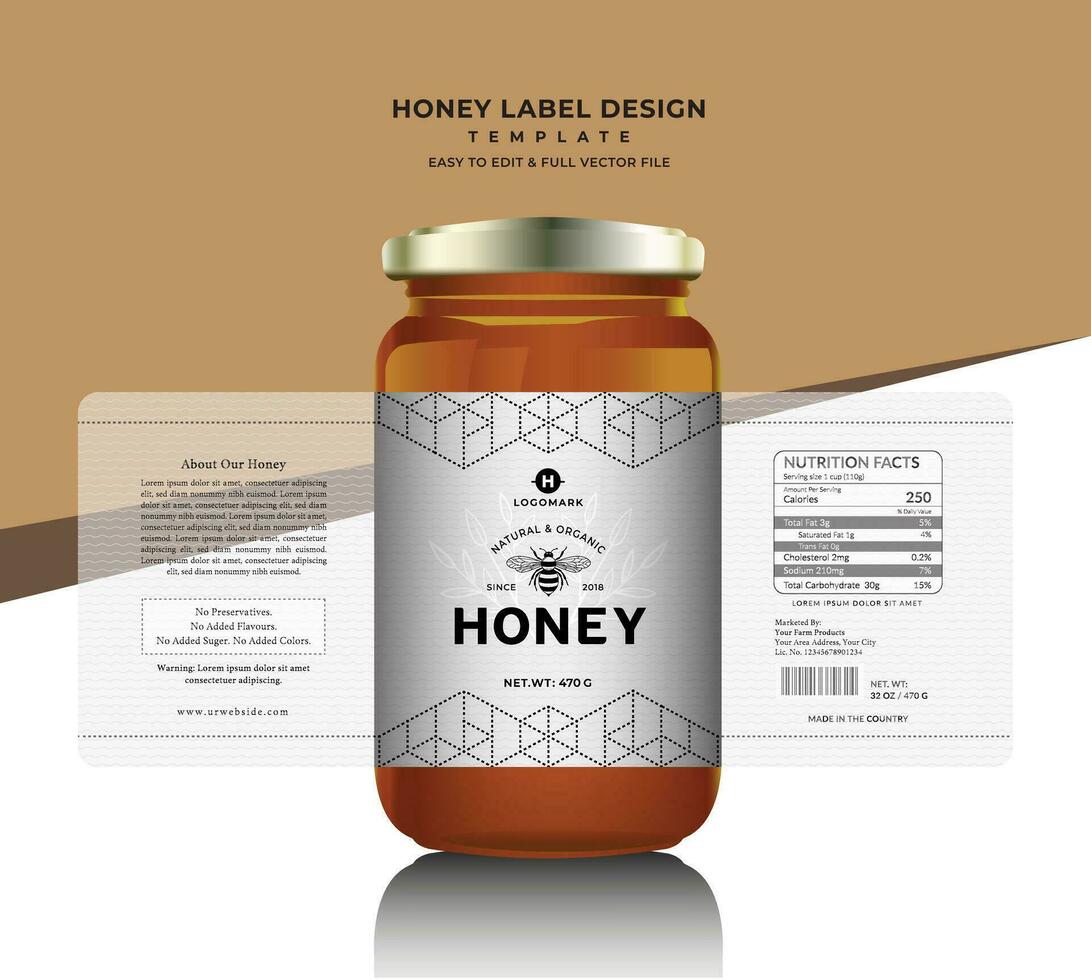 Honey label and honey design banner natural bee honey glass jar bottle sticker creative packaging idea yellow, white minimal clean design background healthy organic food product bee black label. vector