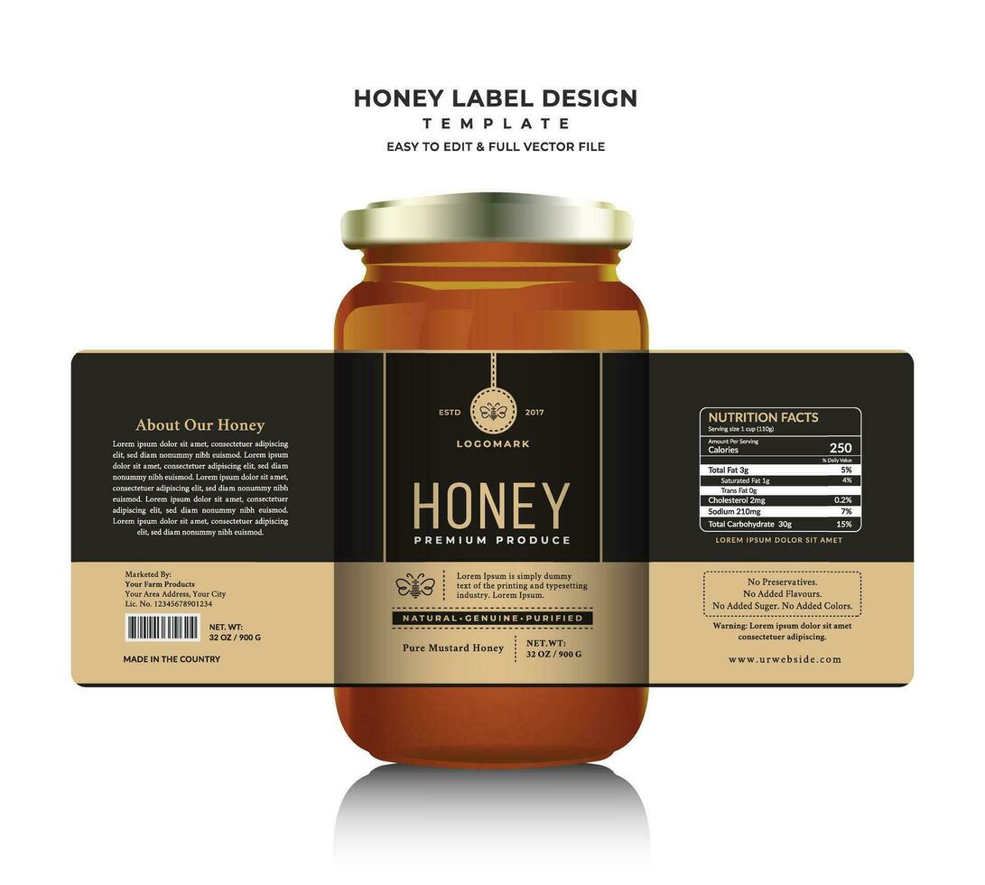 Honey label and honey design banner natural bee honey glass jar bottle sticker creative packaging idea yellow, white minimal clean design background healthy organic food product bee black label. vector