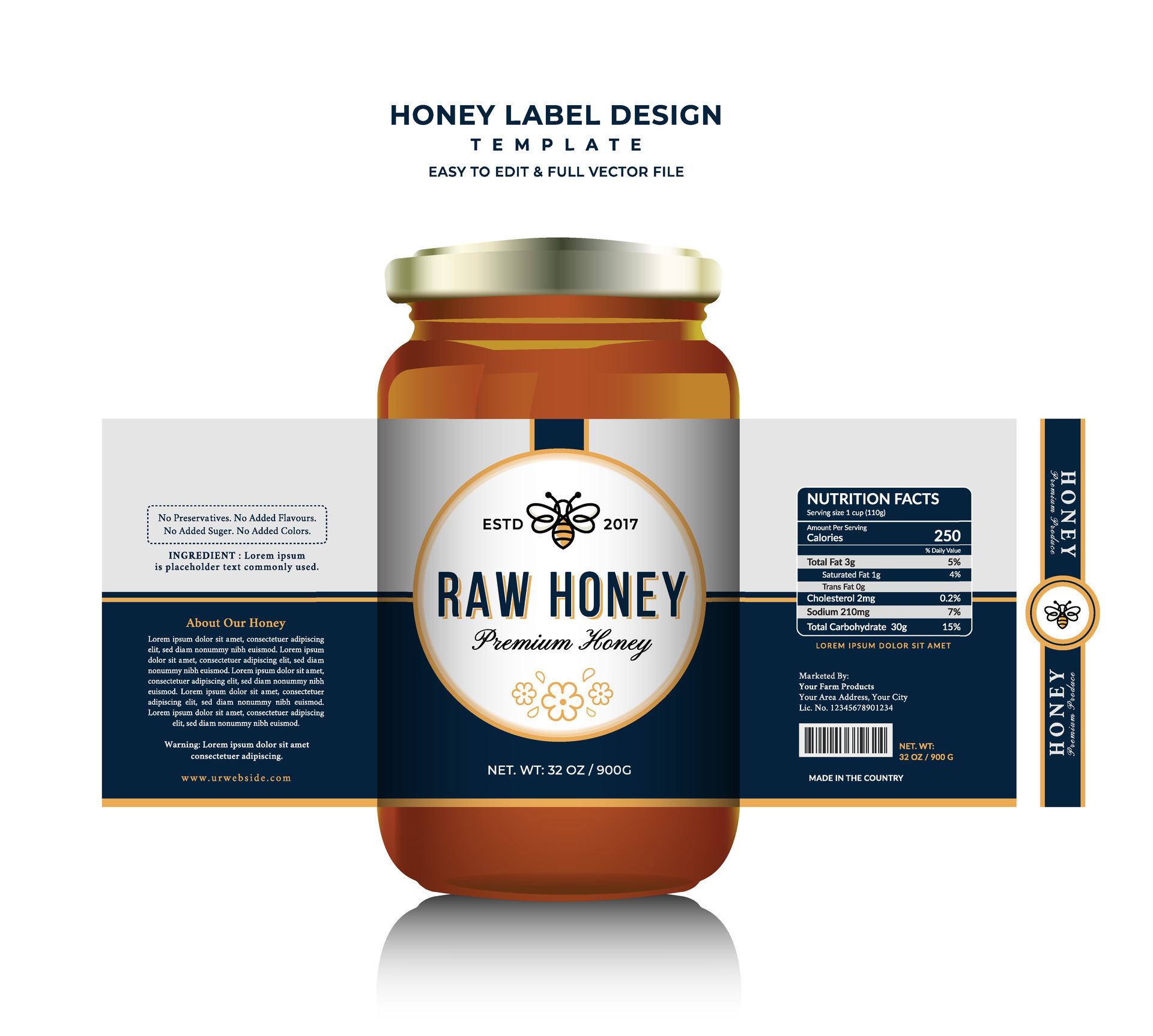 Honey label and honey design banner natural bee honey glass jar bottle