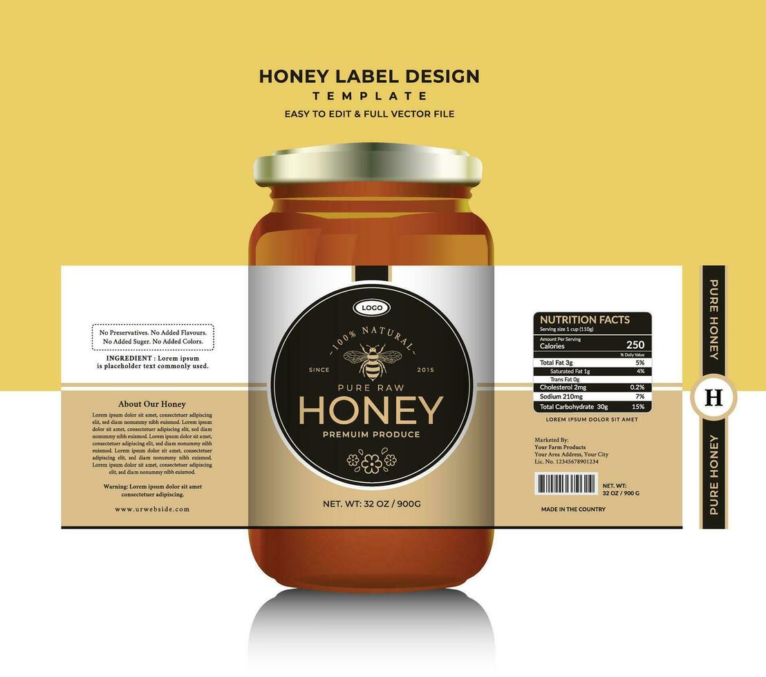 Honey label and honey design banner natural bee honey glass jar bottle sticker creative packaging idea yellow, white minimal clean design background healthy organic food product bee black label. vector