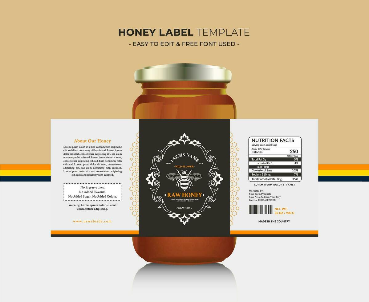 Honey label and honey design banner natural bee honey glass jar bottle sticker creative packaging idea yellow, white minimal clean design background healthy organic food product bee black label. vector