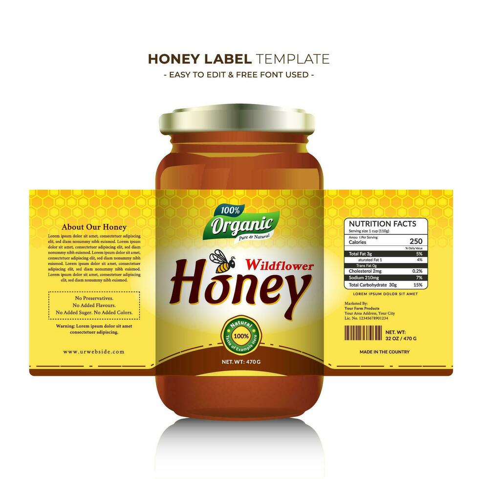 Honey label and honey design banner natural bee honey glass jar bottle sticker creative packaging idea yellow, white minimal clean design background healthy organic food product bee black label. vector