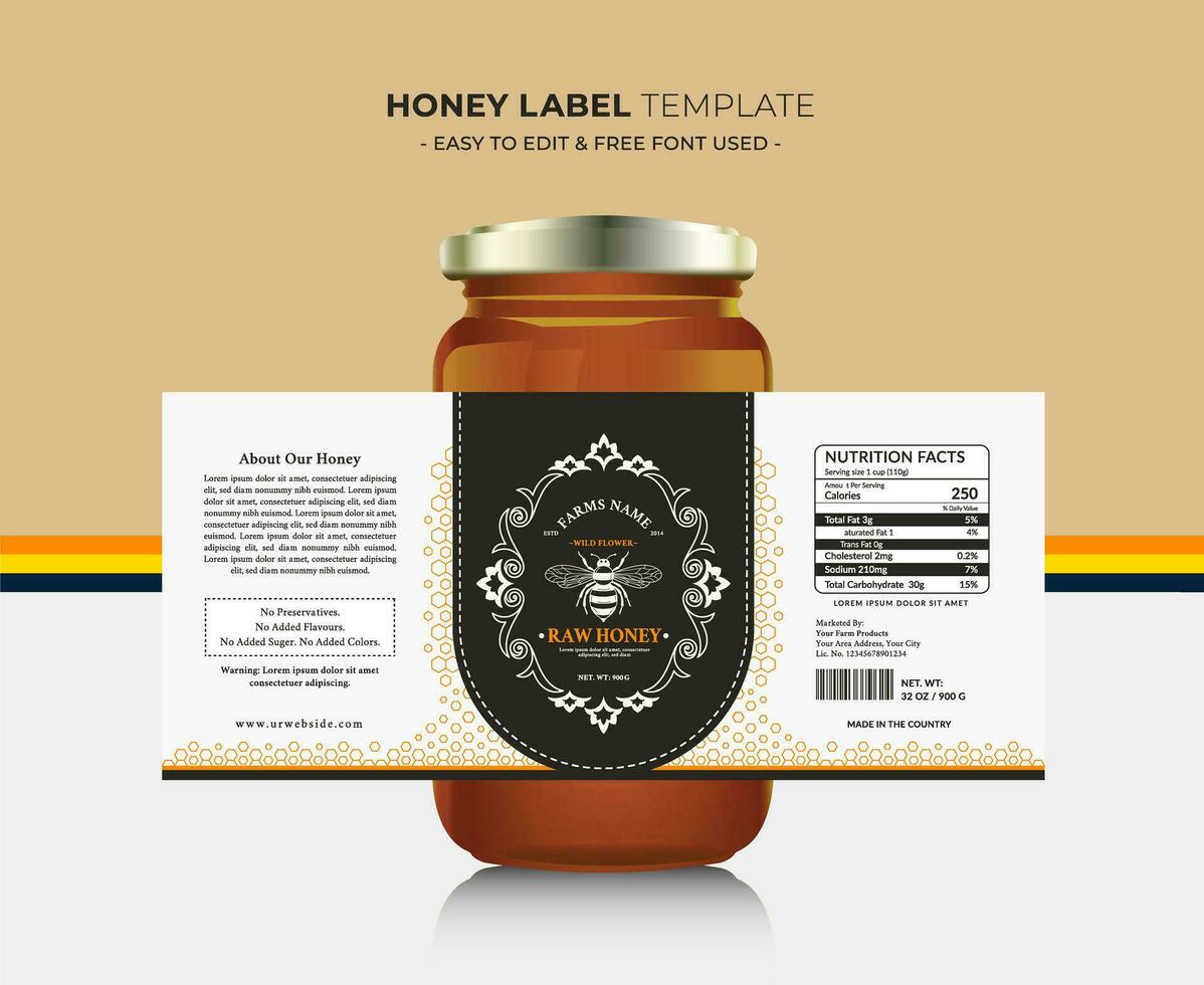 miel etiqueta y miel diseño bandera natural abeja miel vaso tarro botella pegatina creativo embalaje idea amarillo, blanco mínimo limpiar diseño antecedentes sano orgánico comida producto abeja negro etiqueta. vector