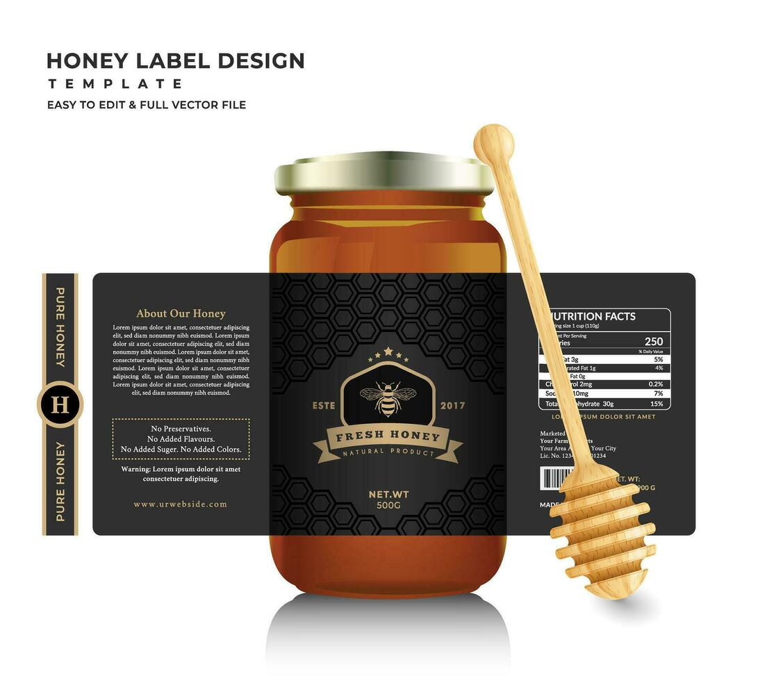 miel etiqueta y miel diseño bandera natural abeja miel vaso tarro botella pegatina creativo embalaje idea amarillo, blanco mínimo limpiar diseño antecedentes sano orgánico comida producto abeja negro etiqueta. vector