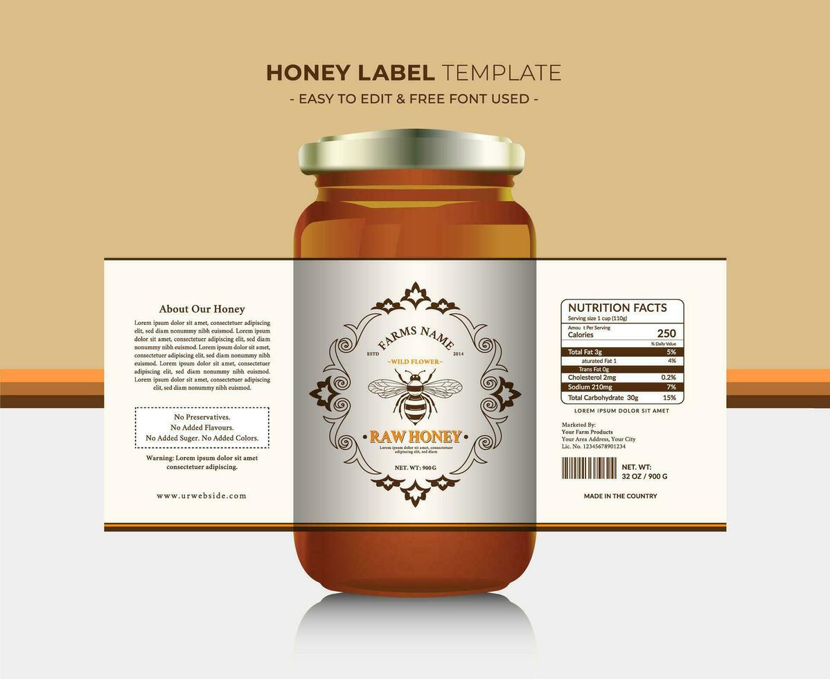 Honey label and honey design banner natural bee honey glass jar bottle sticker creative packaging idea yellow, white minimal clean design background healthy organic food product bee black label. vector