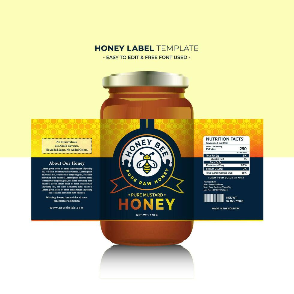 Honey label and honey design banner natural bee honey glass jar bottle sticker creative packaging idea yellow, white minimal clean design background healthy organic food product bee black label. vector