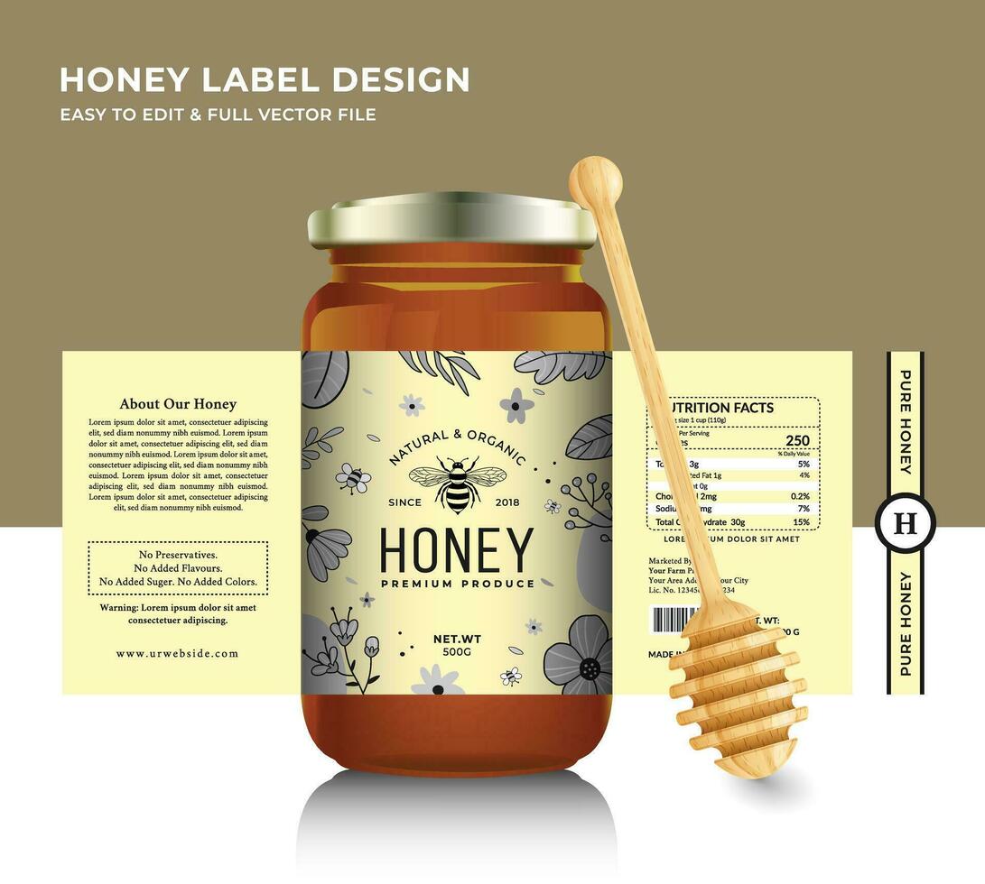 Honey label and honey design banner natural bee honey glass jar bottle sticker creative packaging idea yellow, white minimal clean design background healthy organic food product bee black label. vector