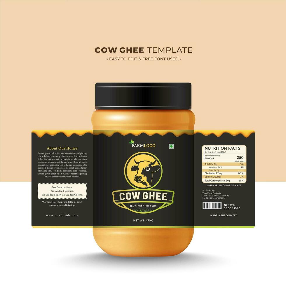 Cow ghee label sitcker and design, cow head premium quality butter and milk cream farm fresh dairy product, health bottle glass jar sweet modern and creative print natural design. vector