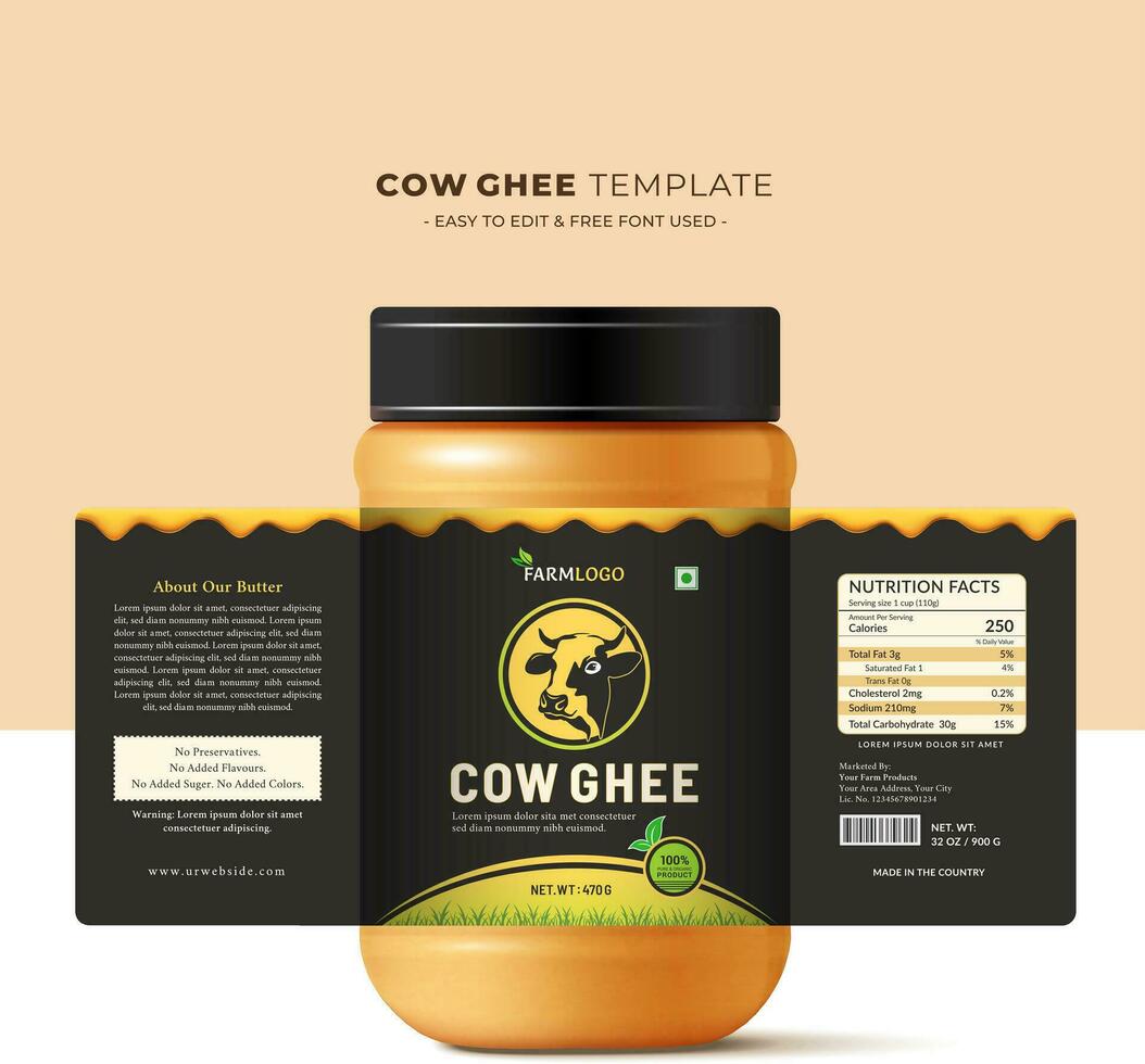 Cow ghee label sitcker and design, cow head premium quality butter and milk cream farm fresh dairy product, health bottle glass jar sweet modern and creative print natural design. vector