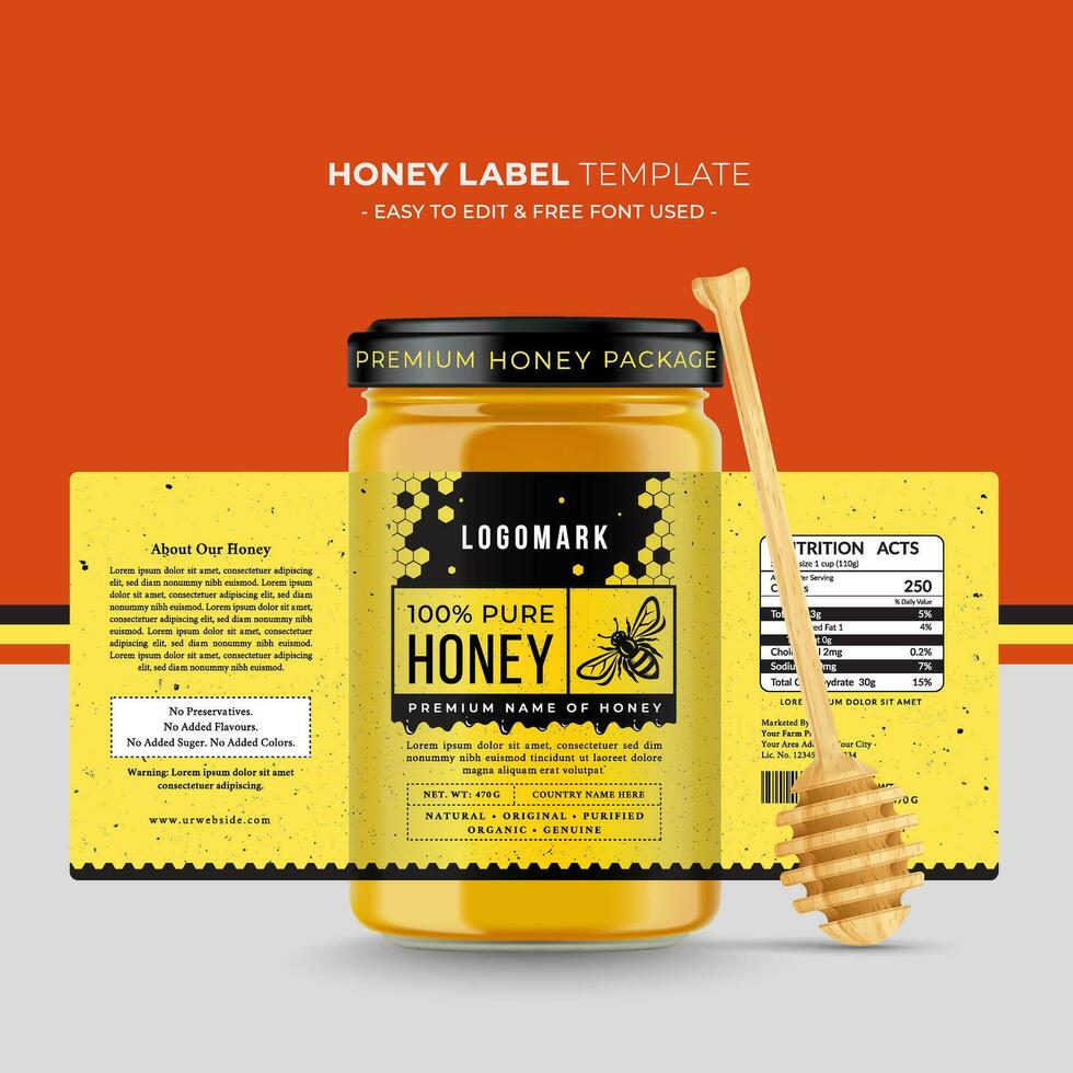 Honey label and honey design banner natural bee honey glass jar bottle sticker creative packaging idea yellow, white minimal clean design background healthy organic food product bee black label. vector