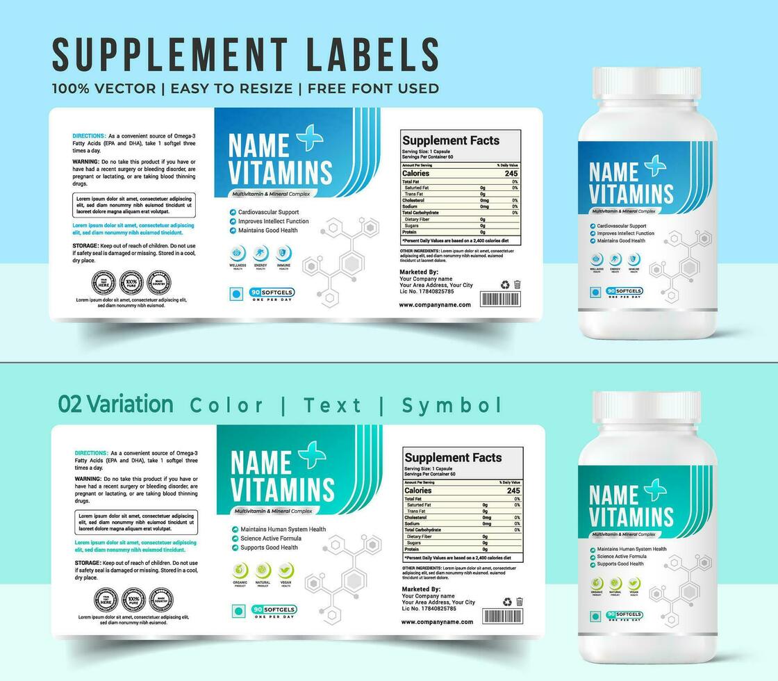 Multi vitamin label design capsule bottle jar food supplement banner packaging sticker label energy health bio product, weight loss print ready graphic art vector quality new file.