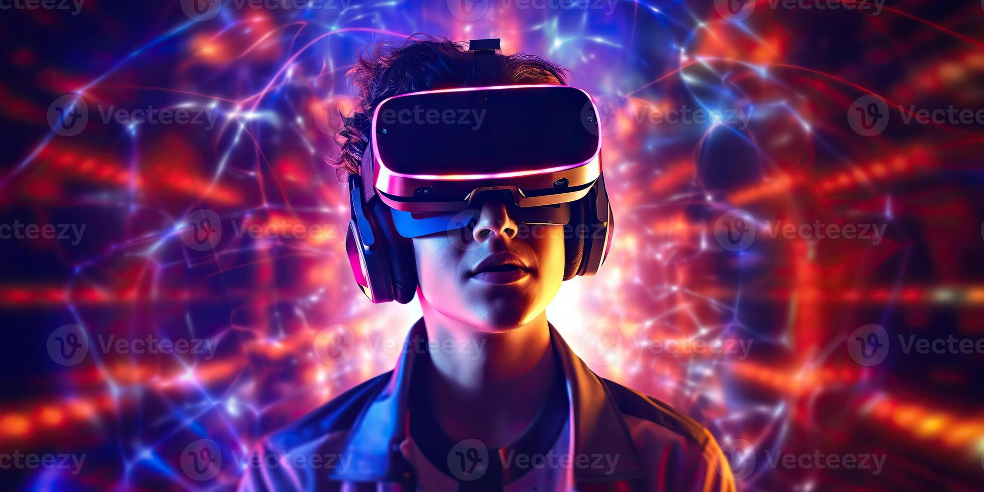 . . VR AR virtual reality mask helmet glasses. Future innovation technology data brain mind sciene. Graphic Art photo