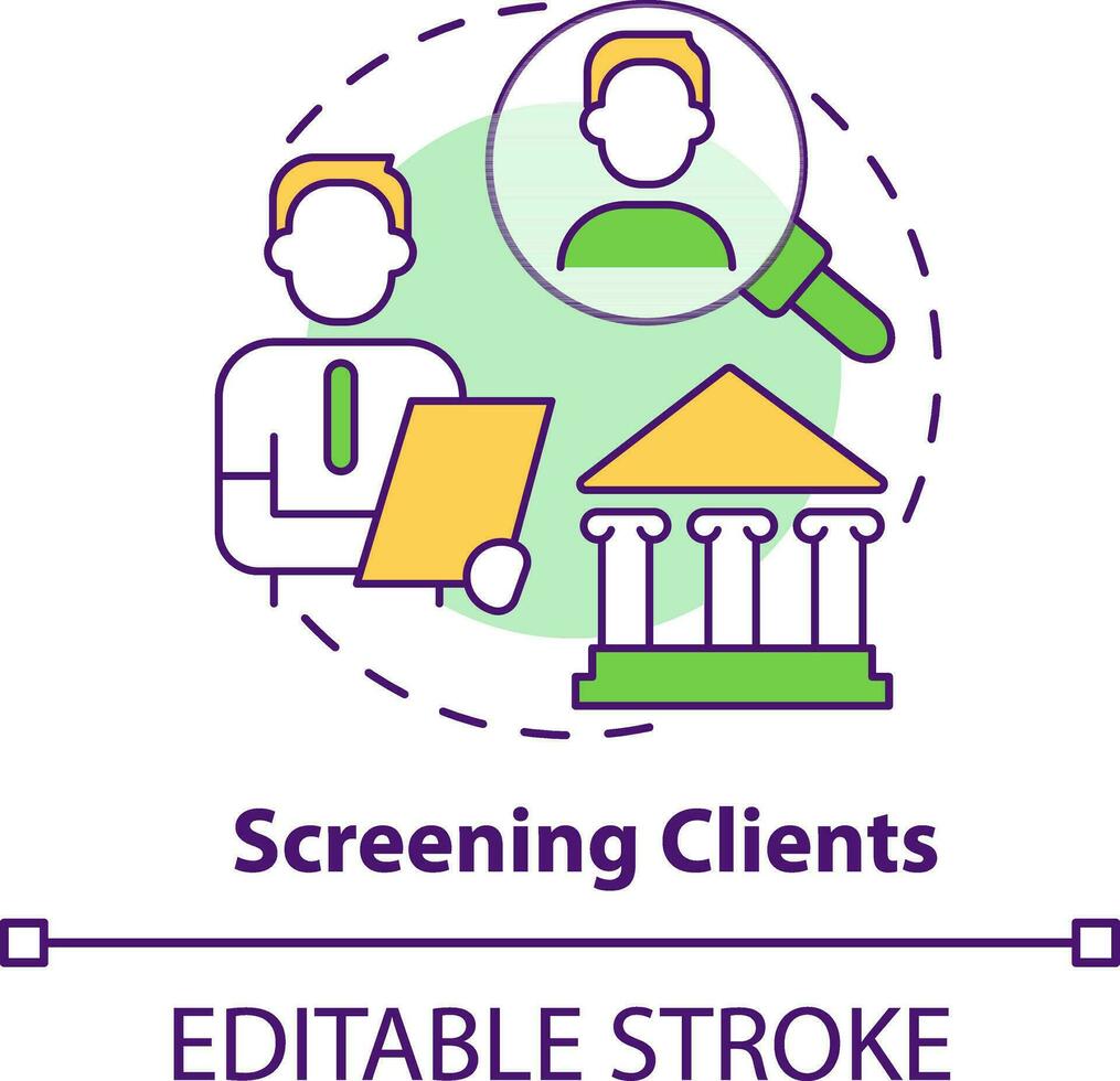 Screening clients concept icon. Ethical practice in banks abstract idea thin line illustration. Identifying customer risks. Isolated outline drawing. Editable stroke vector