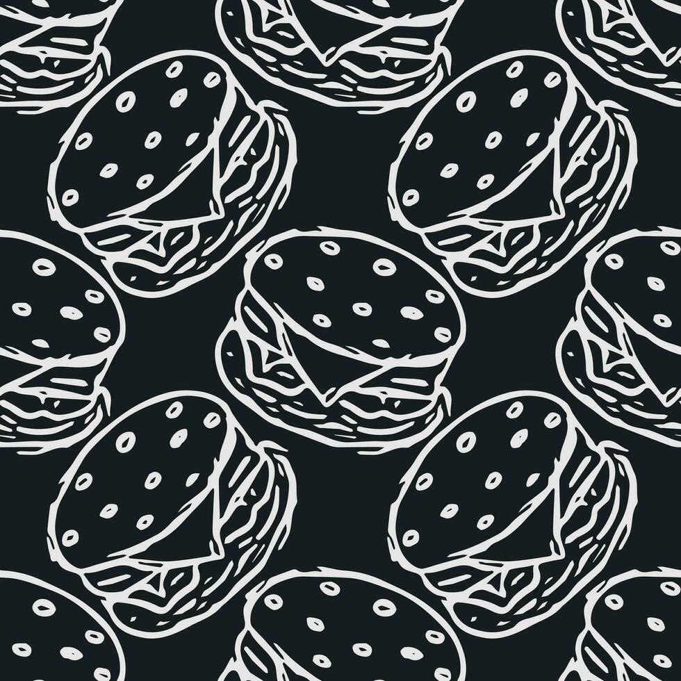 Seamless burger pattern. Drawn hamburger background. Doodle vector hamburger illustration