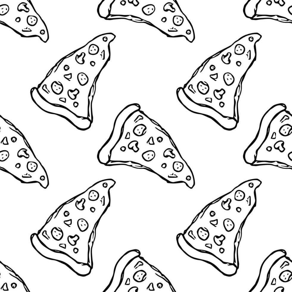 Seamless pizza pattern. Drawn pizza background. Doodle vector pizza illustration