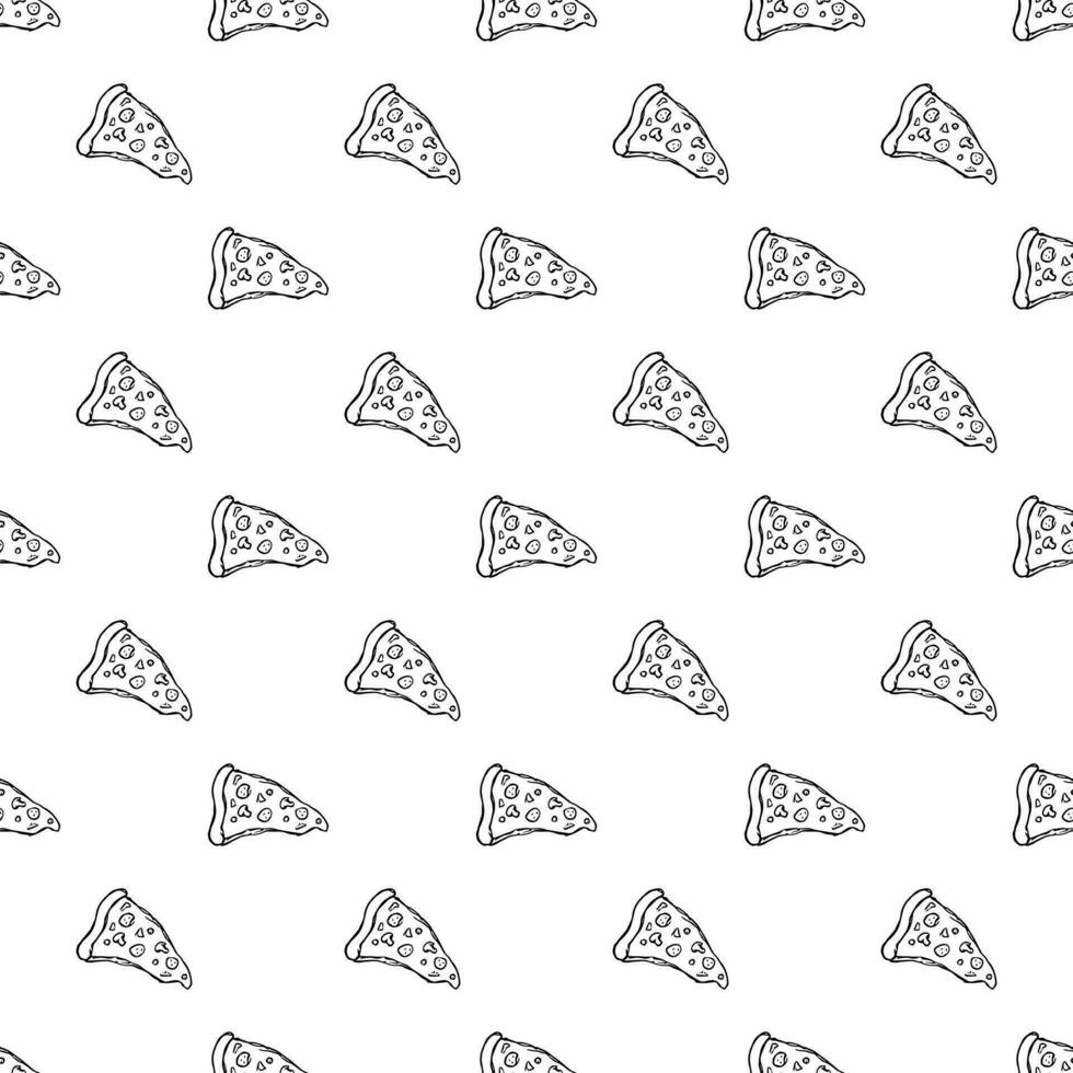 Seamless pizza pattern. Drawn pizza background. Doodle vector pizza illustration