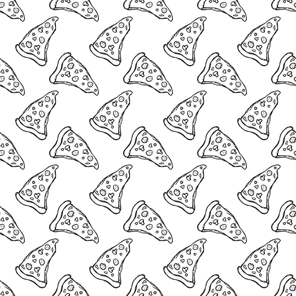 Seamless pizza pattern. Drawn pizza background. Doodle vector pizza illustration