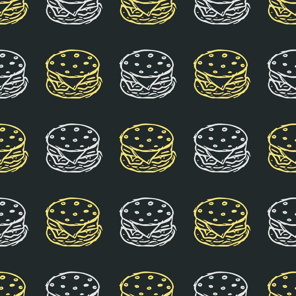 Seamless burger pattern. Drawn hamburger background. Doodle vector hamburger illustration