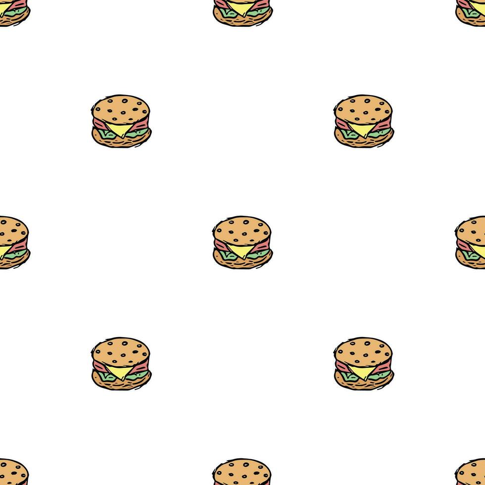 Seamless burger pattern. Drawn hamburger background. Doodle vector hamburger illustration