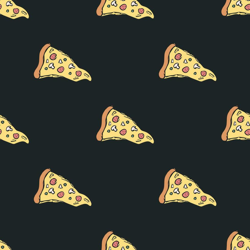 Seamless pizza pattern. Drawn pizza background. Doodle vector pizza illustration