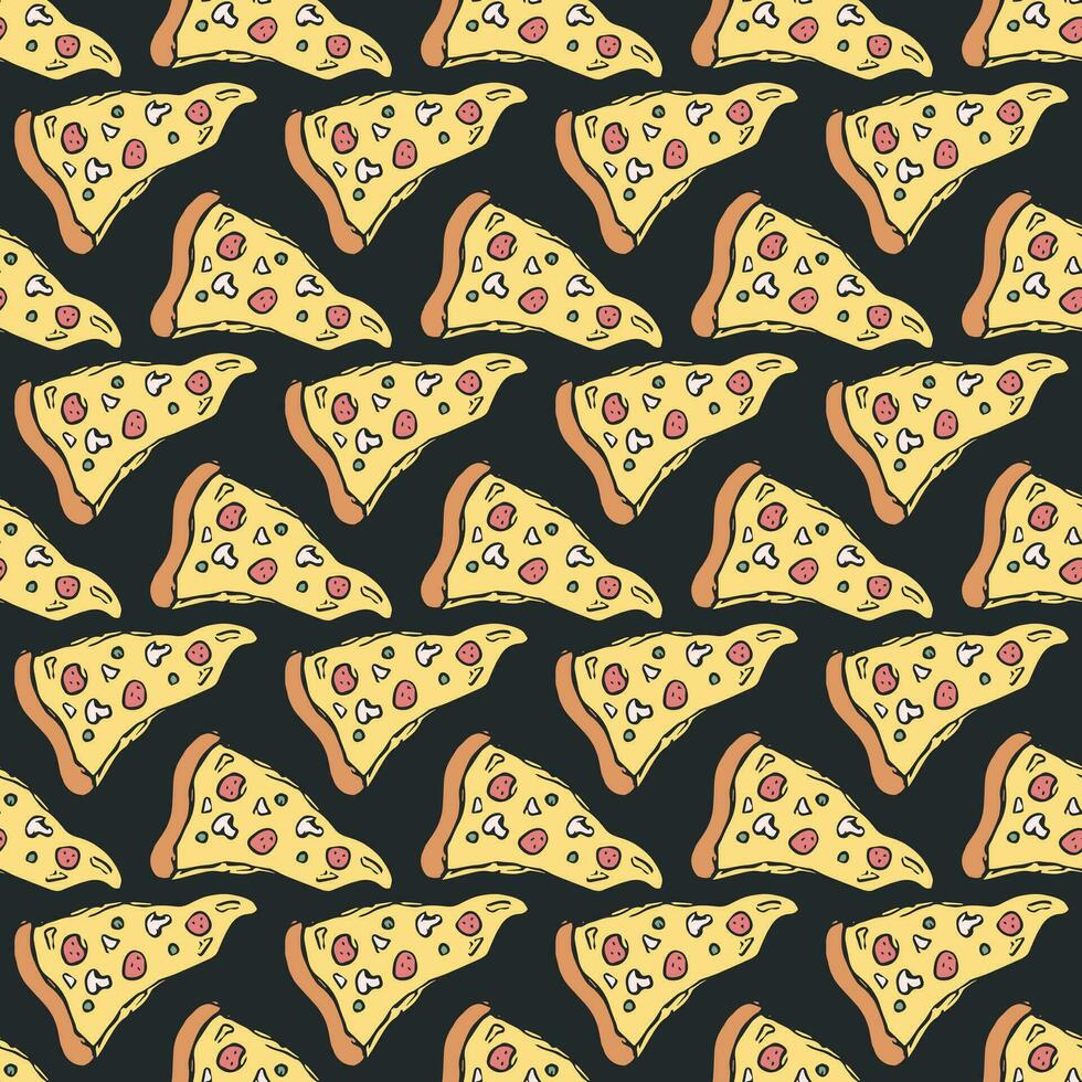 Seamless pizza pattern. Drawn pizza background. Doodle vector pizza illustration