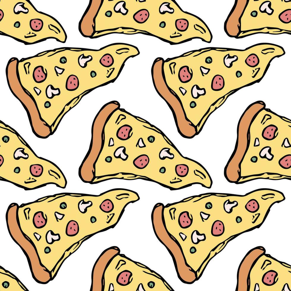 Seamless pizza pattern. Drawn pizza background. Doodle vector pizza illustration