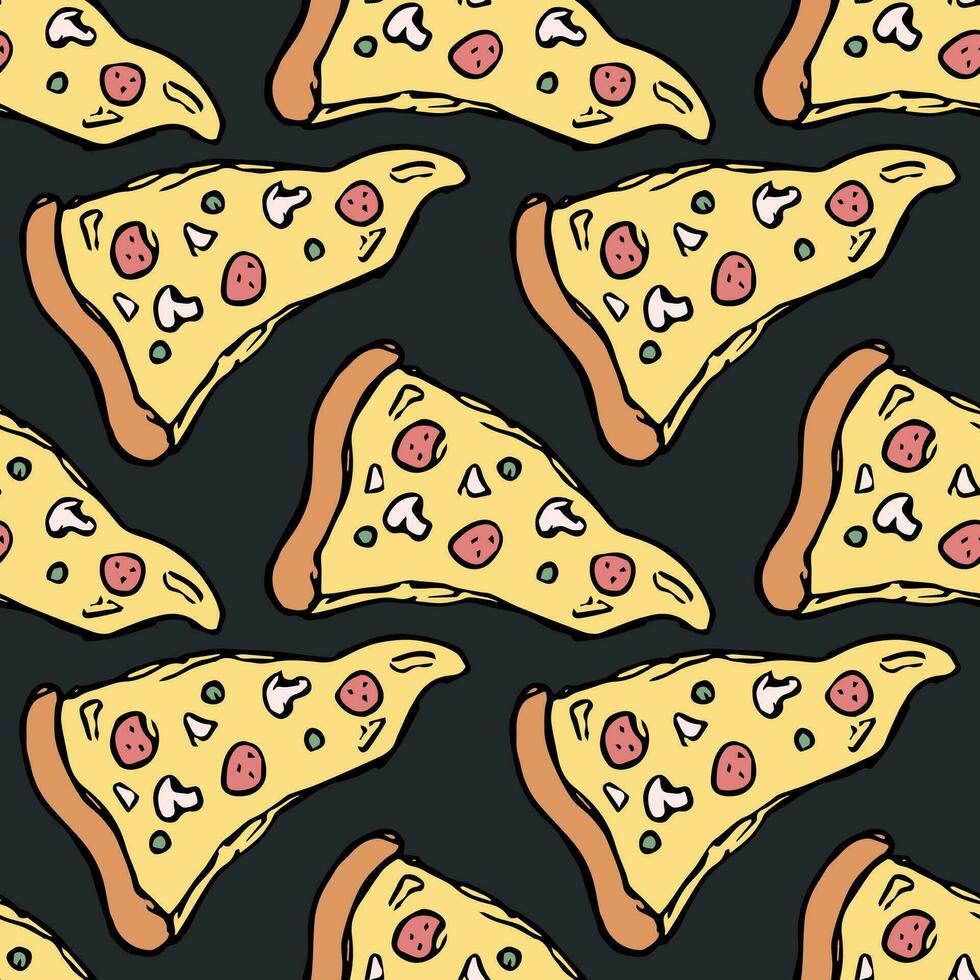 Seamless pizza pattern. Drawn pizza background. Doodle vector pizza illustration