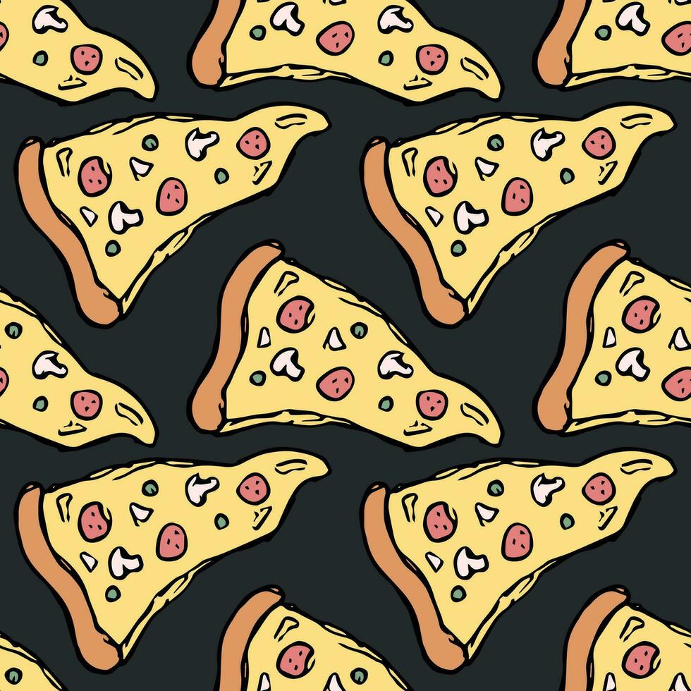 Seamless pizza pattern. Drawn pizza background. Doodle vector pizza illustration