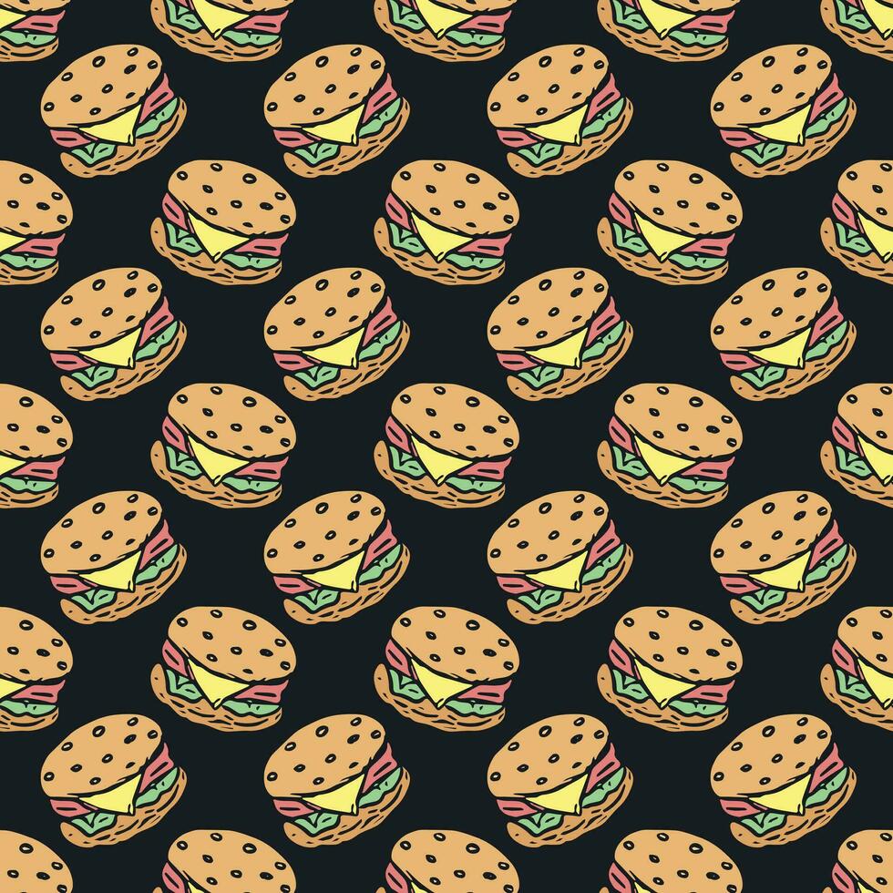 Seamless burger pattern. Drawn hamburger background. Doodle vector hamburger illustration