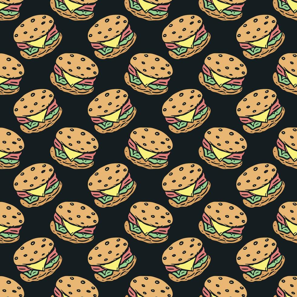 sin costura hamburguesa modelo. dibujado hamburguesa antecedentes. garabatear vector hamburguesa ilustración