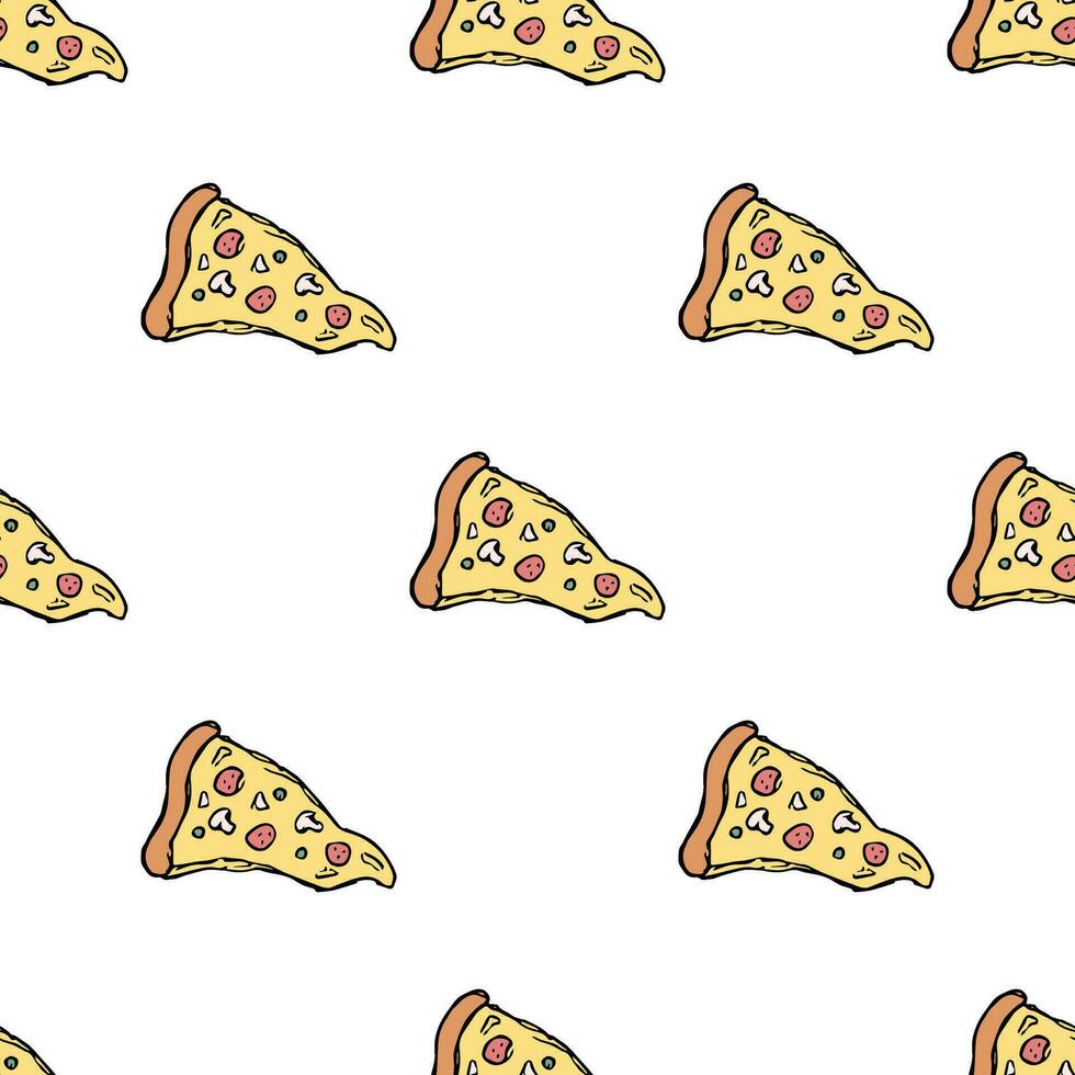 Seamless pizza pattern. Drawn pizza background. Doodle vector pizza illustration