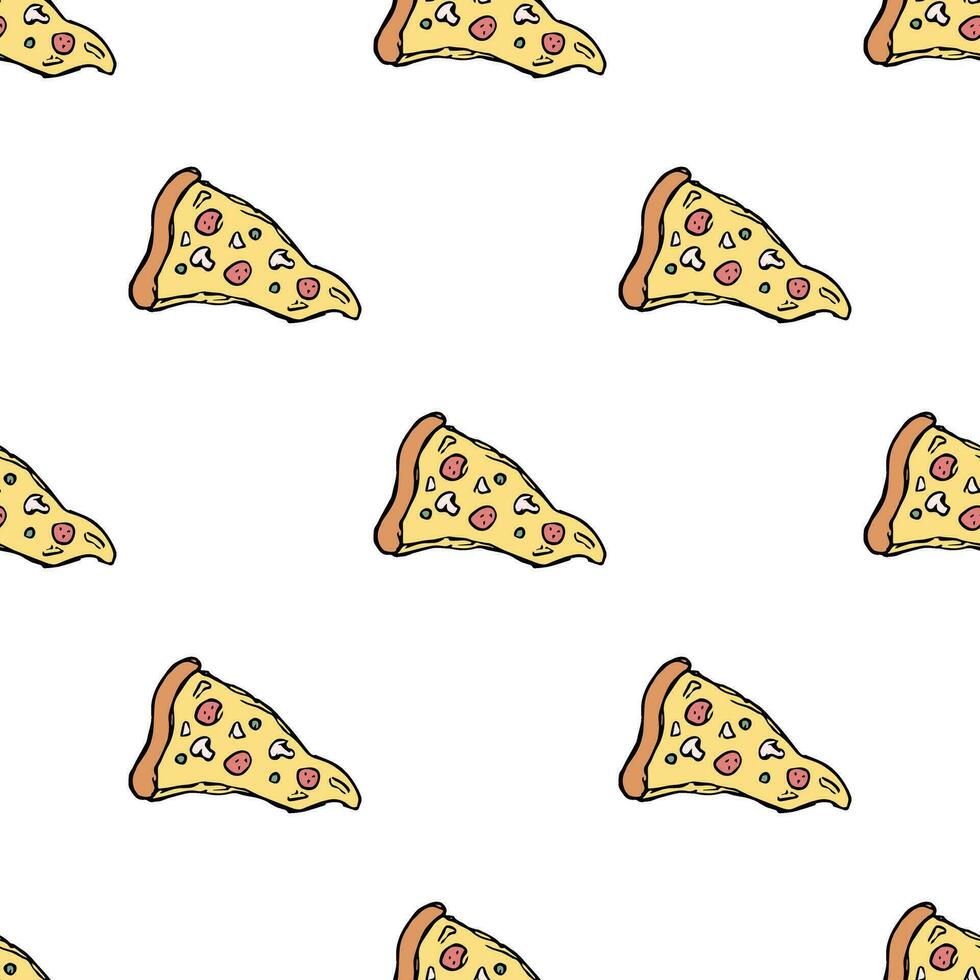 Seamless pizza pattern. Drawn pizza background. Doodle vector pizza illustration