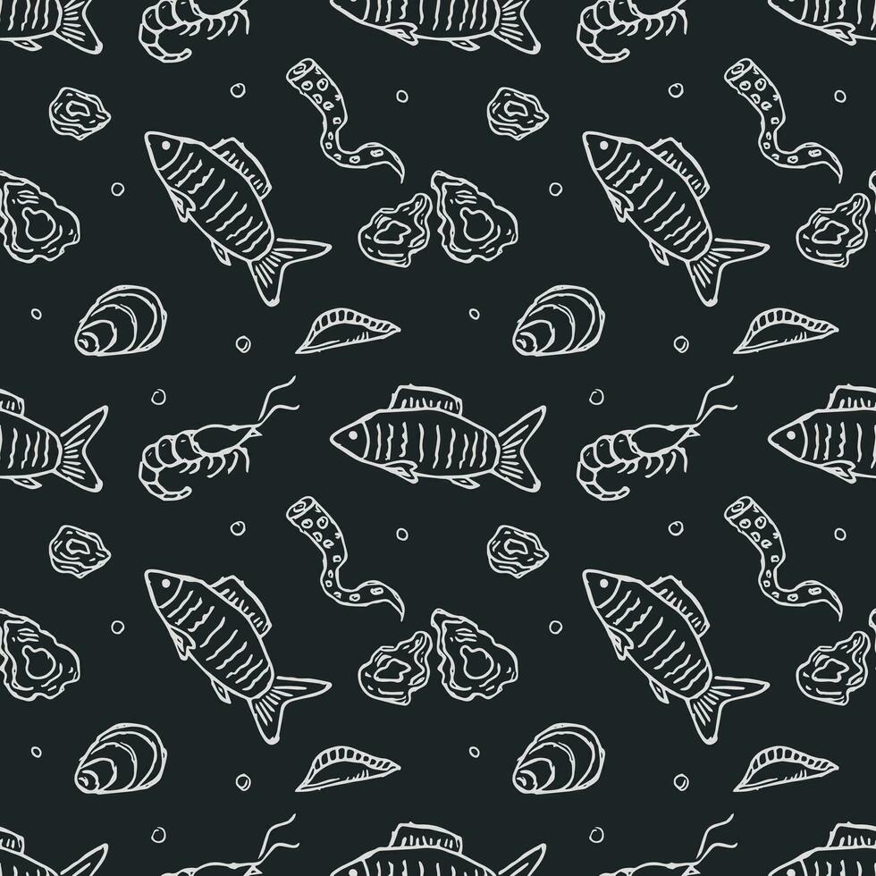 Seamless seafood pattern. Drawn seafood background vector
