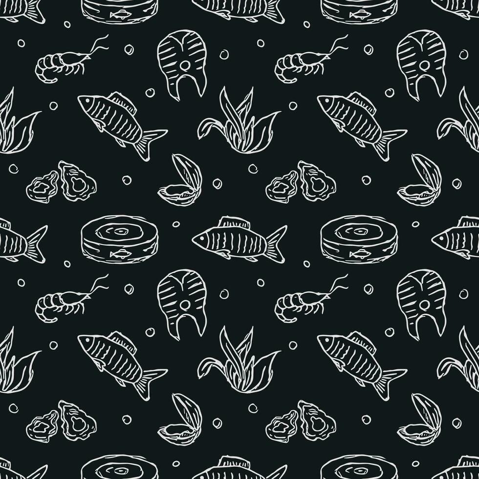 Seamless seafood pattern. Drawn seafood background vector