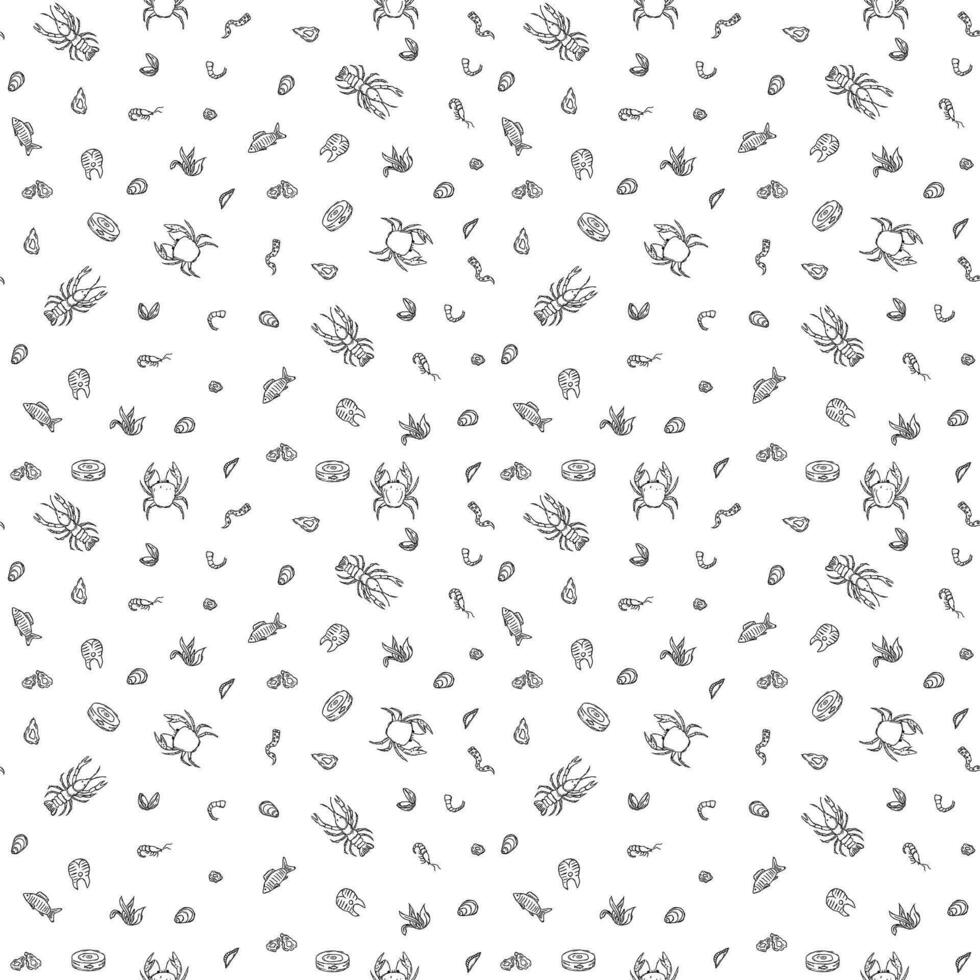 Seamless seafood pattern. Drawn seafood background vector