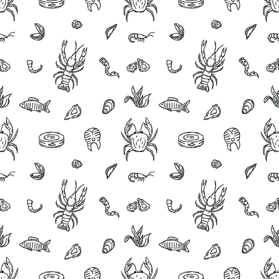 Seamless seafood pattern. Drawn seafood background vector