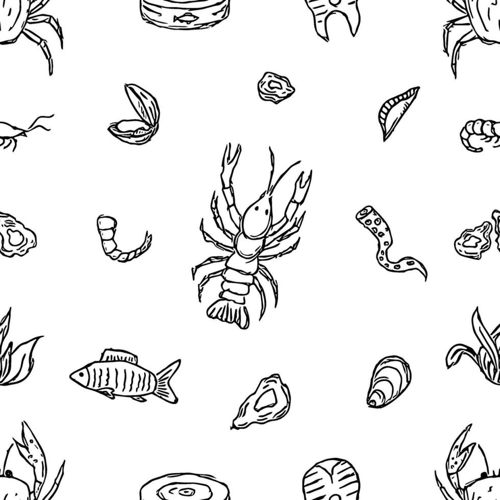 Seamless seafood pattern. Drawn seafood background vector