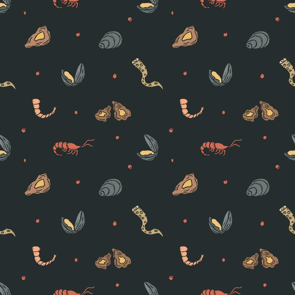 Colored seafood pattern. Drawn seafood background vector